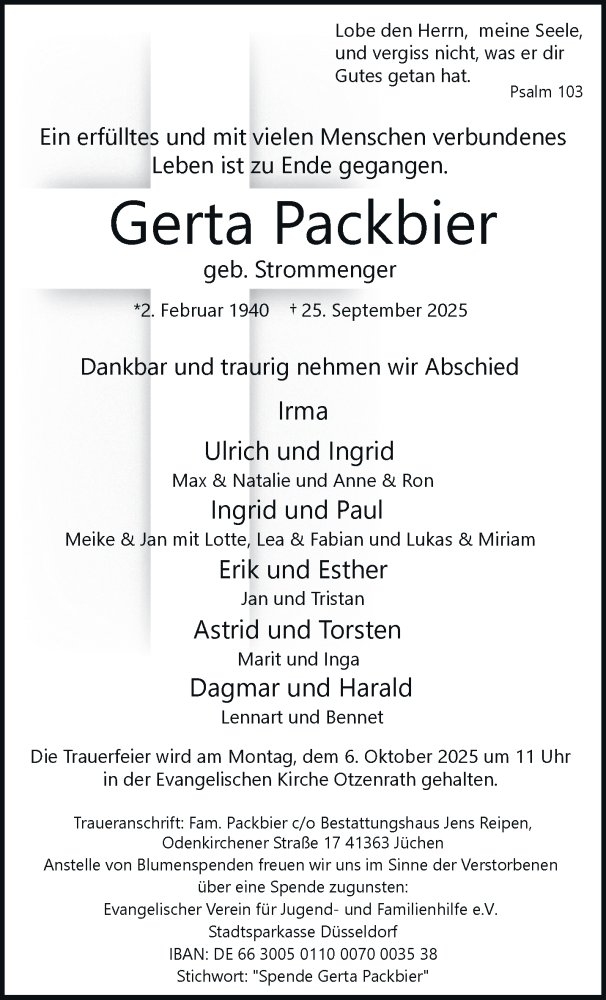  Traueranzeige für Gerta Packbier vom 04.10.2025 aus trauer.stadt-kurier.de