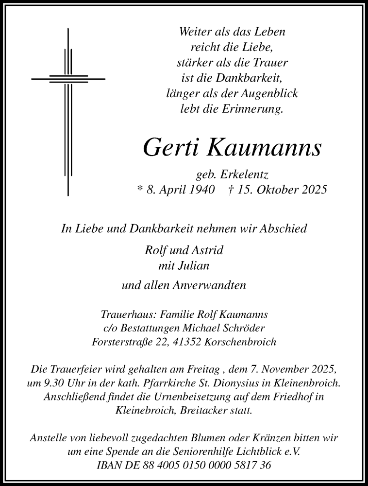  Traueranzeige für Gerti Kaumanns vom 26.10.2025 aus trauer.panorama-anzeigenblatt.de