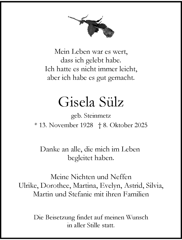  Traueranzeige für Gisela Sülz vom 18.10.2025 aus trauer.wuppertaler-rundschau.de