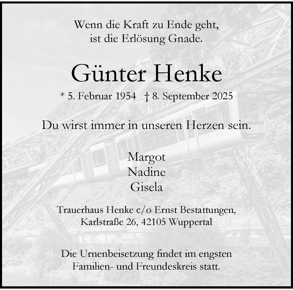  Traueranzeige für Günter Henke vom 20.09.2025 aus trauer.wuppertaler-rundschau.de