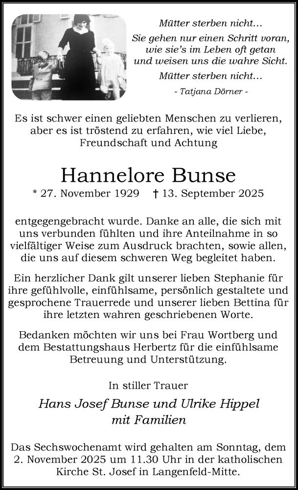  Traueranzeige für Hannelore Bunse vom 19.10.2025 aus trauer.panorama-anzeigenblatt.de
