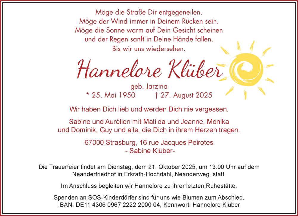  Traueranzeige für Hannelore Klüber vom 03.10.2025 aus trauer.panorama-anzeigenblatt.de
