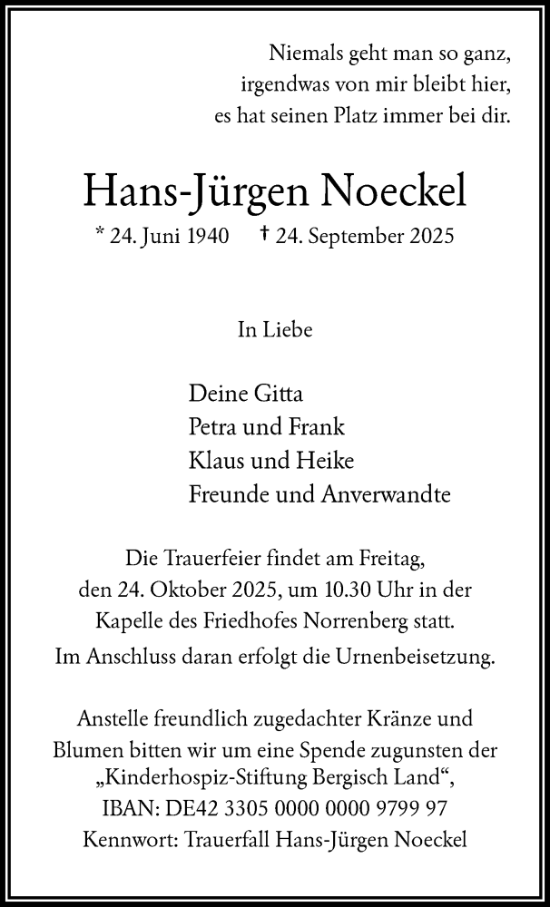  Traueranzeige für Hans-Jürgen Noeckel vom 18.10.2025 aus trauer.wuppertaler-rundschau.de