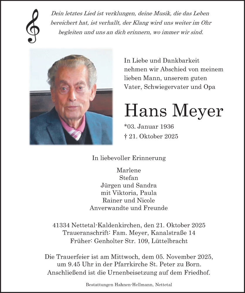  Traueranzeige für Hans Meyer vom 26.10.2025 aus trauer.panorama-anzeigenblatt.de