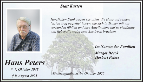 Traueranzeige von Hans Peters von trauer.panorama-anzeigenblatt.de