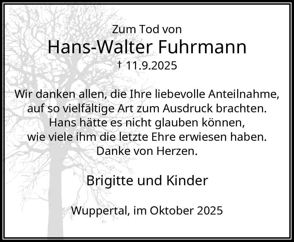  Traueranzeige für Hans-Walter Fuhrmann vom 25.10.2025 aus trauer.wuppertaler-rundschau.de