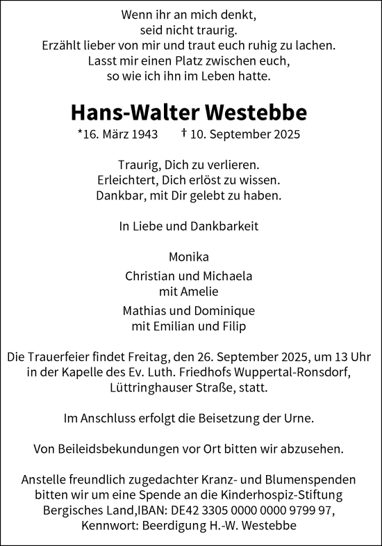 Traueranzeige von Hans-Walter Westebbe von trauer.wuppertaler-rundschau.de