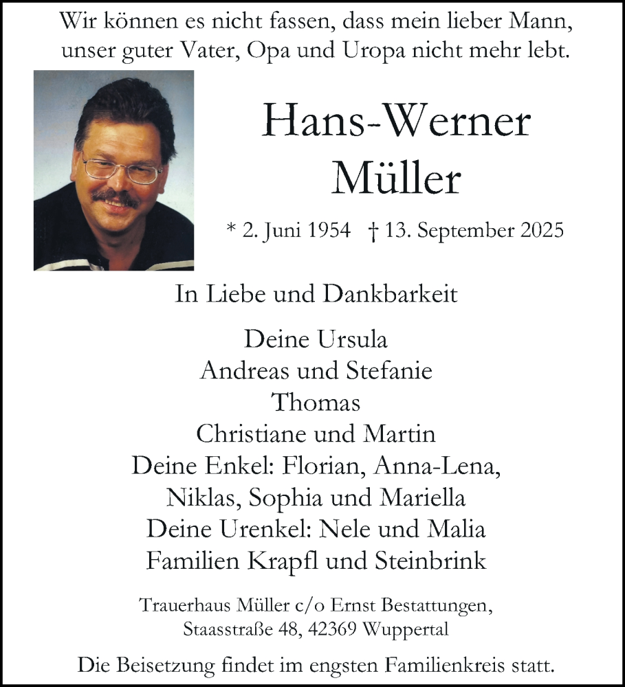  Traueranzeige für Hans-Werner Müller vom 20.09.2025 aus trauer.wuppertaler-rundschau.de