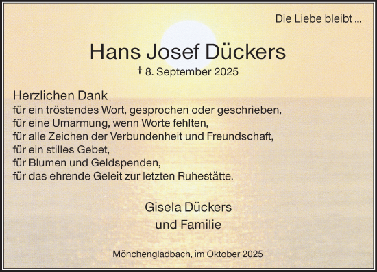 Traueranzeige von Hans Josef Dückers von trauer.panorama-anzeigenblatt.de