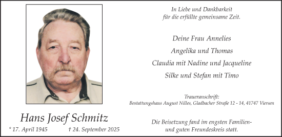 Traueranzeige von Hans Josef Schmitz von trauer.panorama-anzeigenblatt.de