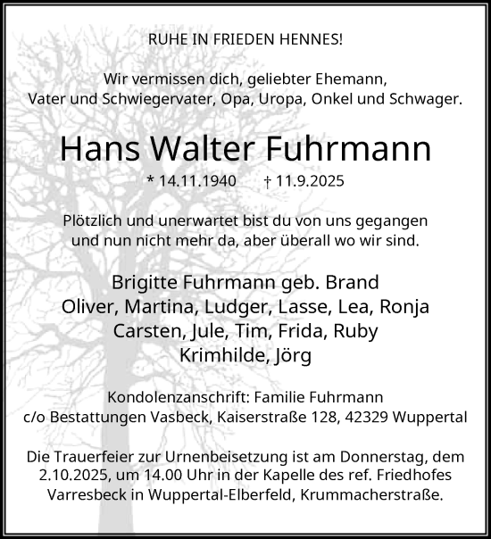 Traueranzeige von Hans Walter Fuhrmann von trauer.wuppertaler-rundschau.de