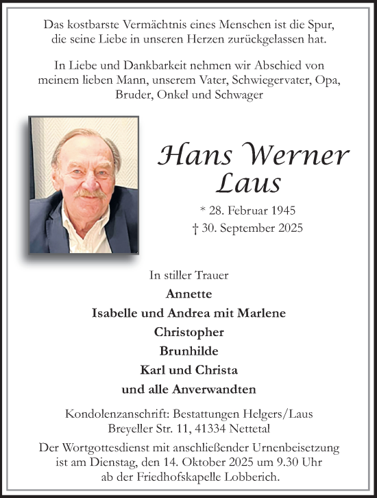Traueranzeige von Hans Werner Laus von trauer.panorama-anzeigenblatt.de