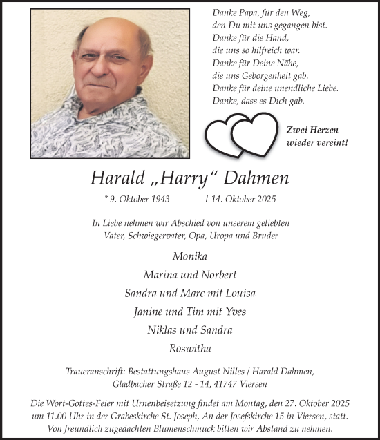 Traueranzeige von Harald Dahmen von trauer.panorama-anzeigenblatt.de