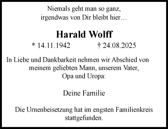 Traueranzeige von Harald Wolff von trauer.wuppertaler-rundschau.de