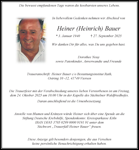 Traueranzeige von Heiner Bauer von trauer.panorama-anzeigenblatt.de