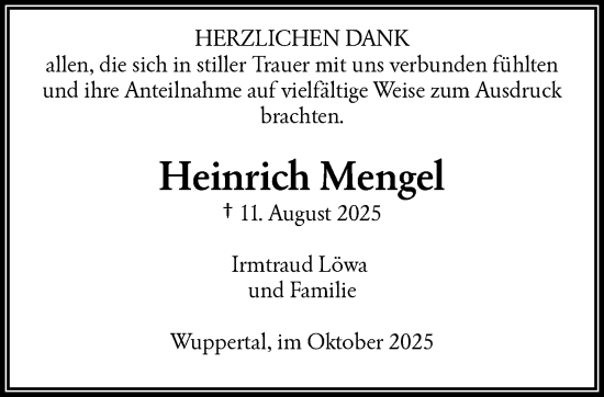 Traueranzeige von Heinrich Mengel von trauer.wuppertaler-rundschau.de
