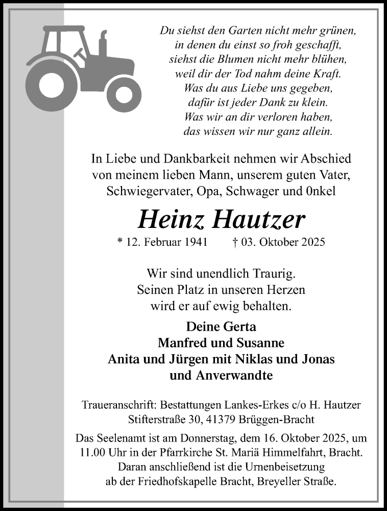  Traueranzeige für Heinz Hautzer vom 12.10.2025 aus trauer.panorama-anzeigenblatt.de