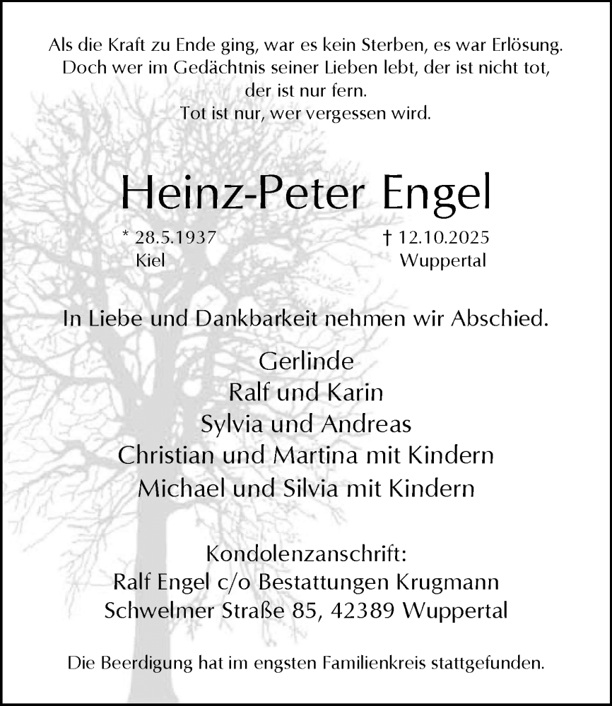  Traueranzeige für Heinz-Peter Engel vom 01.11.2025 aus trauer.wuppertaler-rundschau.de