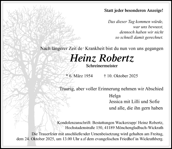 Traueranzeige von Heinz Robertz von trauer.panorama-anzeigenblatt.de