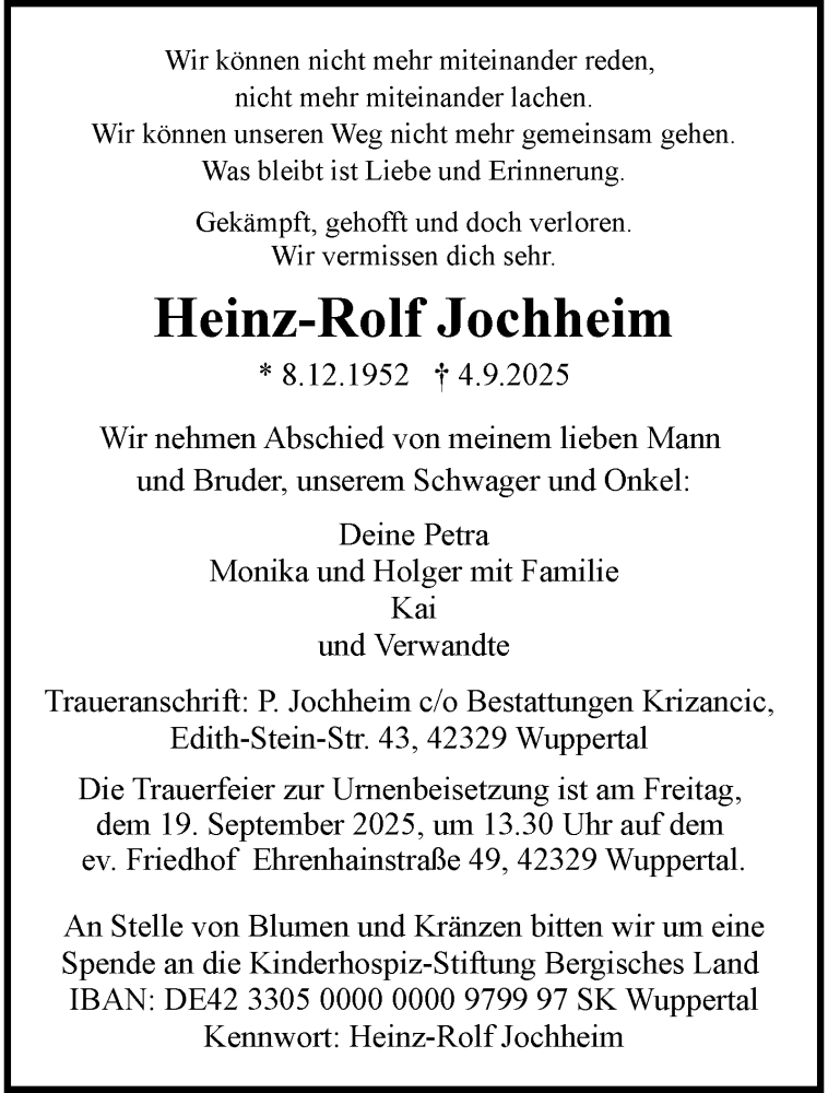  Traueranzeige für Heinz-Rolf Jochheim vom 13.09.2025 aus trauer.wuppertaler-rundschau.de