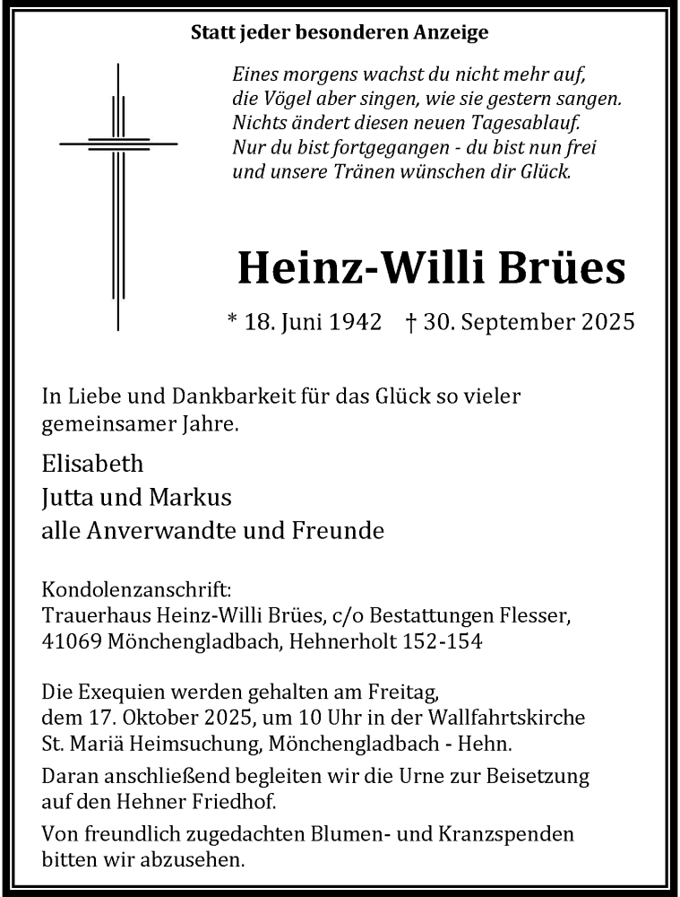  Traueranzeige für Heinz-Willi Brües vom 12.10.2025 aus trauer.panorama-anzeigenblatt.de