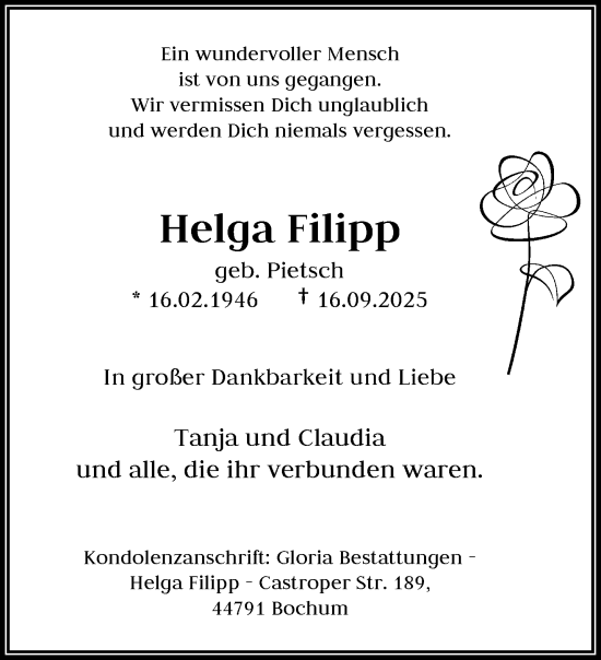 Traueranzeige von Helga Filipp von trauer.wuppertaler-rundschau.de