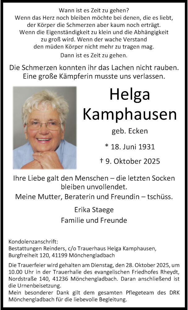  Traueranzeige für Helga Kamphausen vom 19.10.2025 aus trauer.panorama-anzeigenblatt.de