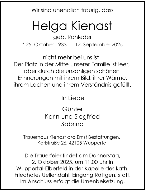 Traueranzeige von Helga Kienast von trauer.wuppertaler-rundschau.de
