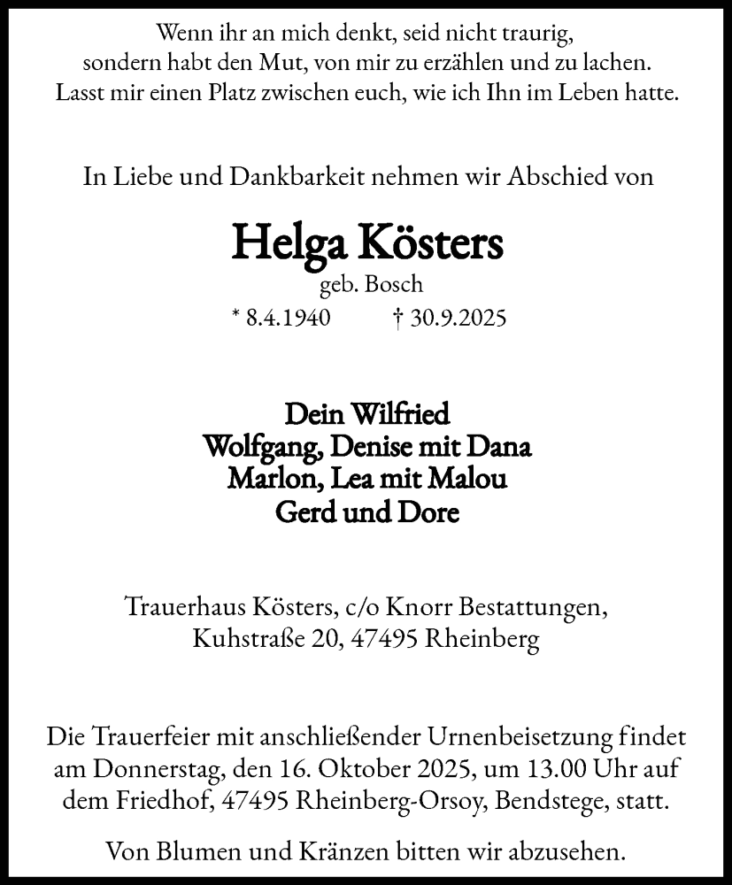  Traueranzeige für Helga Kösters vom 12.10.2025 aus trauer.panorama-anzeigenblatt.de