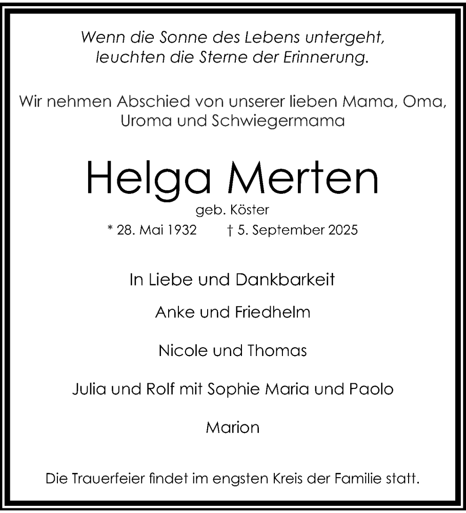  Traueranzeige für Helga Merten vom 20.09.2025 aus trauer.wuppertaler-rundschau.de
