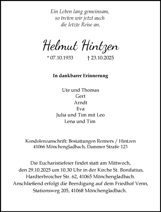 Traueranzeige von Helmut Hintzen von trauer.panorama-anzeigenblatt.de