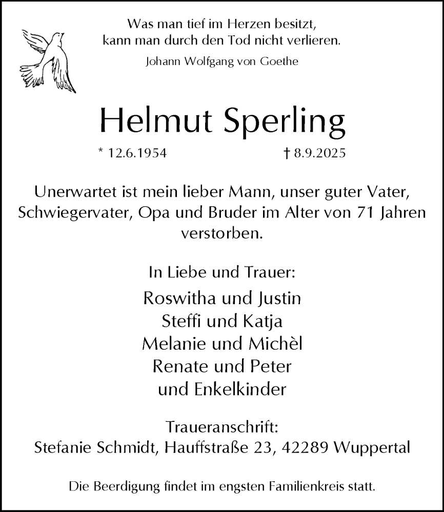  Traueranzeige für Helmut Sperling vom 20.09.2025 aus trauer.wuppertaler-rundschau.de