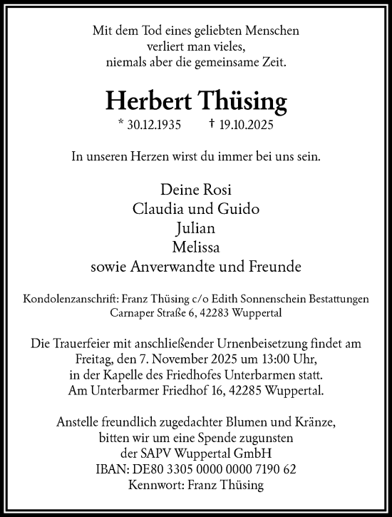 Traueranzeige von Herbert Thüsing von trauer.wuppertaler-rundschau.de