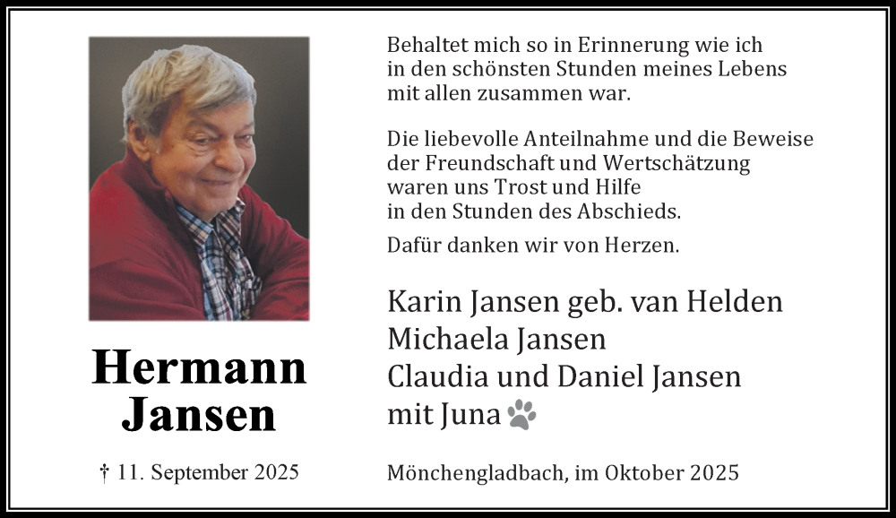  Traueranzeige für Hermann Jansen vom 26.10.2025 aus trauer.panorama-anzeigenblatt.de