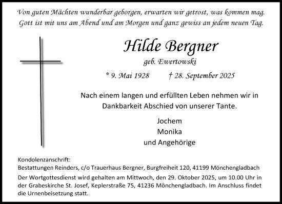 Traueranzeige von Hilde Bergner von trauer.panorama-anzeigenblatt.de