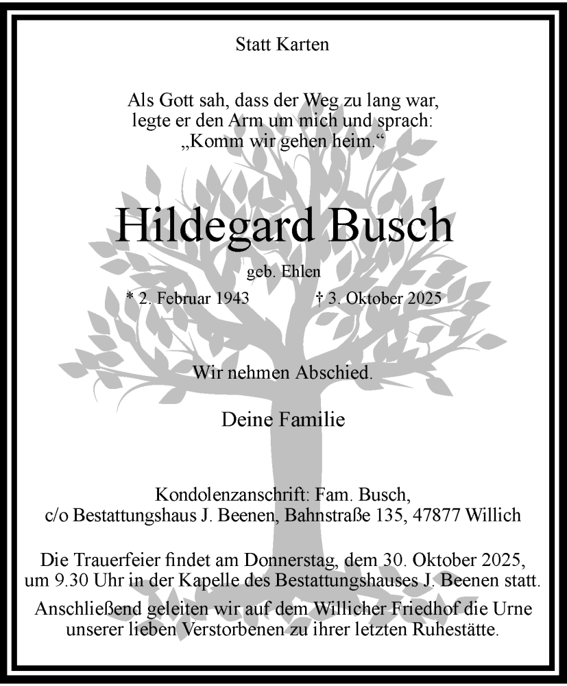  Traueranzeige für Hildegard Busch vom 26.10.2025 aus trauer.panorama-anzeigenblatt.de