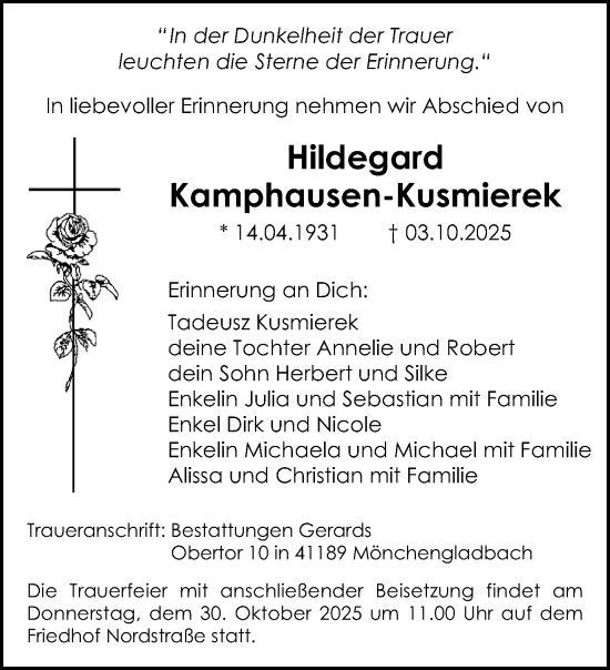 Traueranzeige von Hildegard Kamphausen-Kusmierek von trauer.panorama-anzeigenblatt.de
