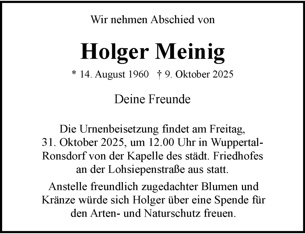  Traueranzeige für Holger Meinig vom 18.10.2025 aus trauer.wuppertaler-rundschau.de