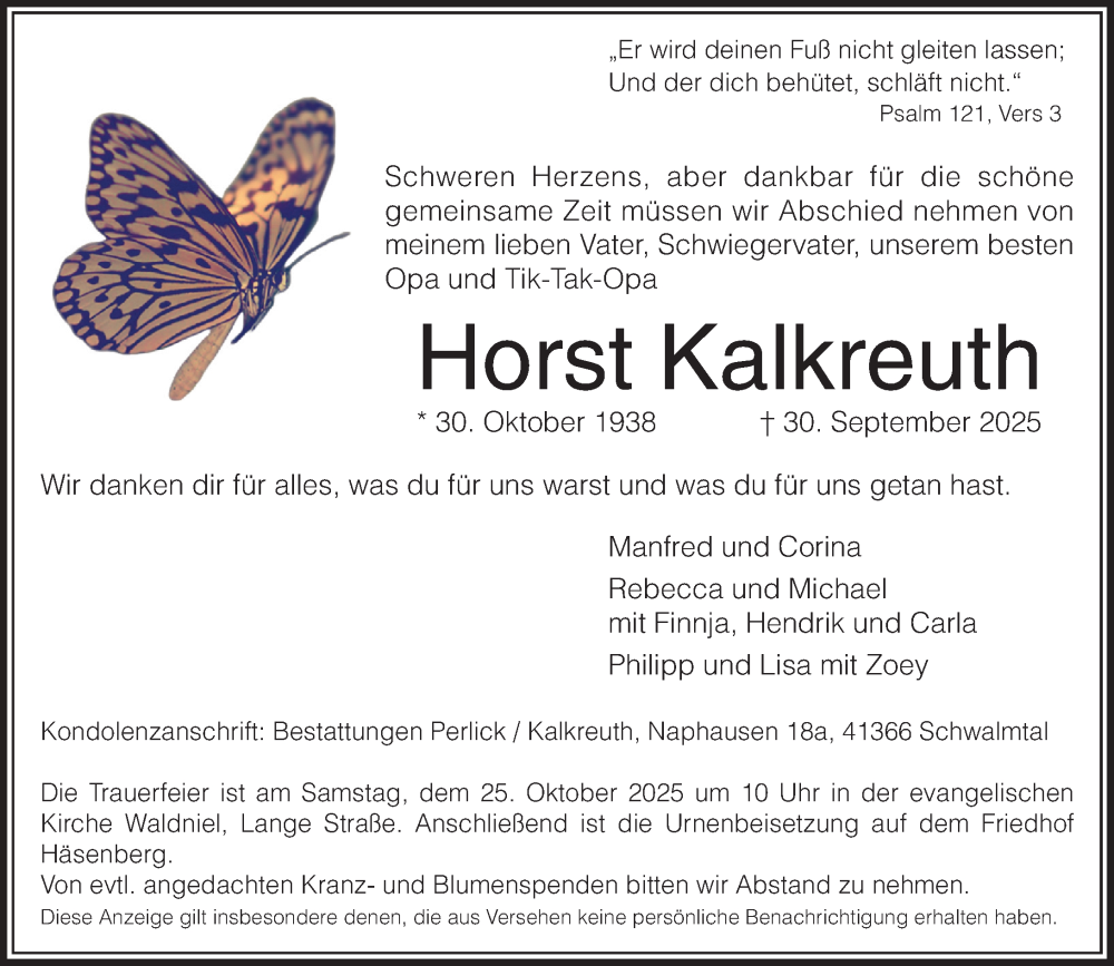  Traueranzeige für Horst Kalkreuth vom 19.10.2025 aus trauer.panorama-anzeigenblatt.de