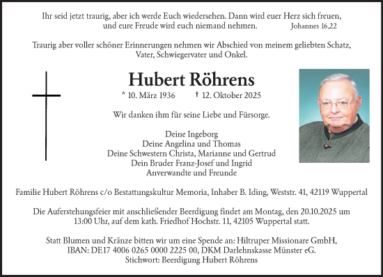 Traueranzeige von Hubert Röhrens von trauer.wuppertaler-rundschau.de