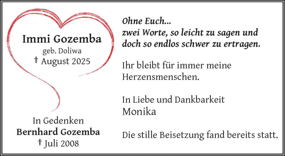  Traueranzeige für Immi Gozemba vom 04.10.2025 aus trauer.wuppertaler-rundschau.de