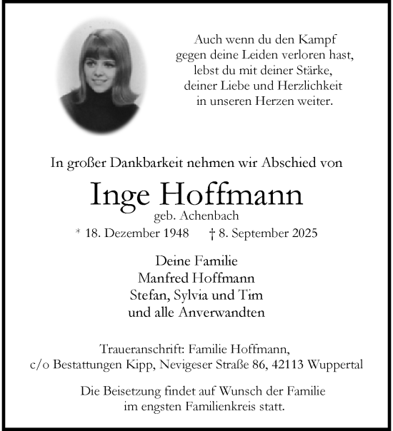 Traueranzeige von Inge Hoffmann von trauer.wuppertaler-rundschau.de