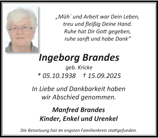 Traueranzeige von Ingeborg Brandes von trauer.panorama-anzeigenblatt.de
