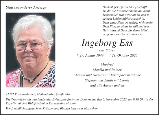 Traueranzeige von Ingeborg Ess von trauer.panorama-anzeigenblatt.de