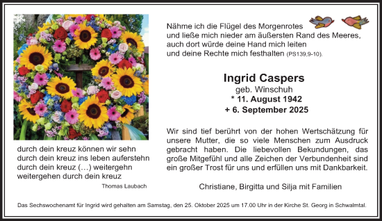 Traueranzeige von Ingrid Caspers von trauer.panorama-anzeigenblatt.de