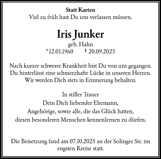 Traueranzeige von Iris Junker von trauer.wuppertaler-rundschau.de