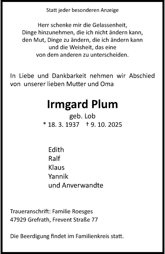  Traueranzeige für Irmgard Plum vom 19.10.2025 aus trauer.panorama-anzeigenblatt.de