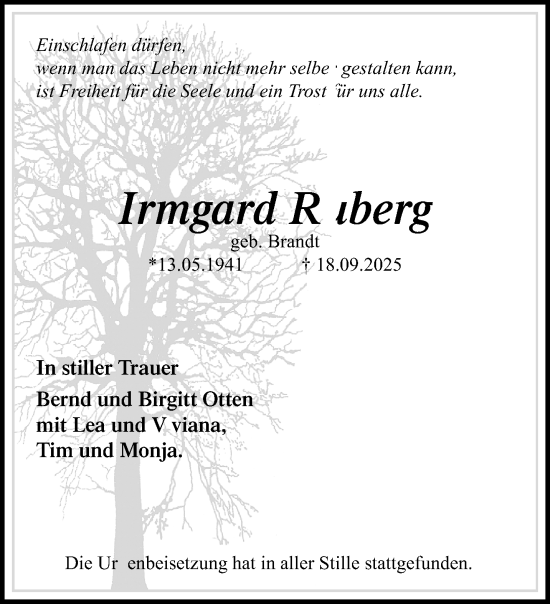 Traueranzeige von Irmgard Ruberg von trauer.panorama-anzeigenblatt.de