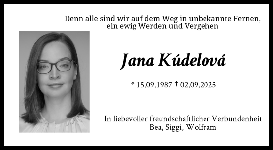 Traueranzeige von Jana Kúdelová von trauer.wuppertaler-rundschau.de