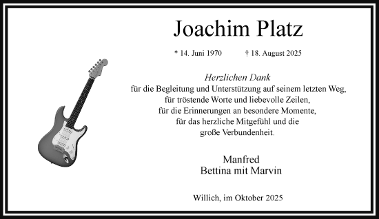 Traueranzeige von Joachim Platz von trauer.panorama-anzeigenblatt.de